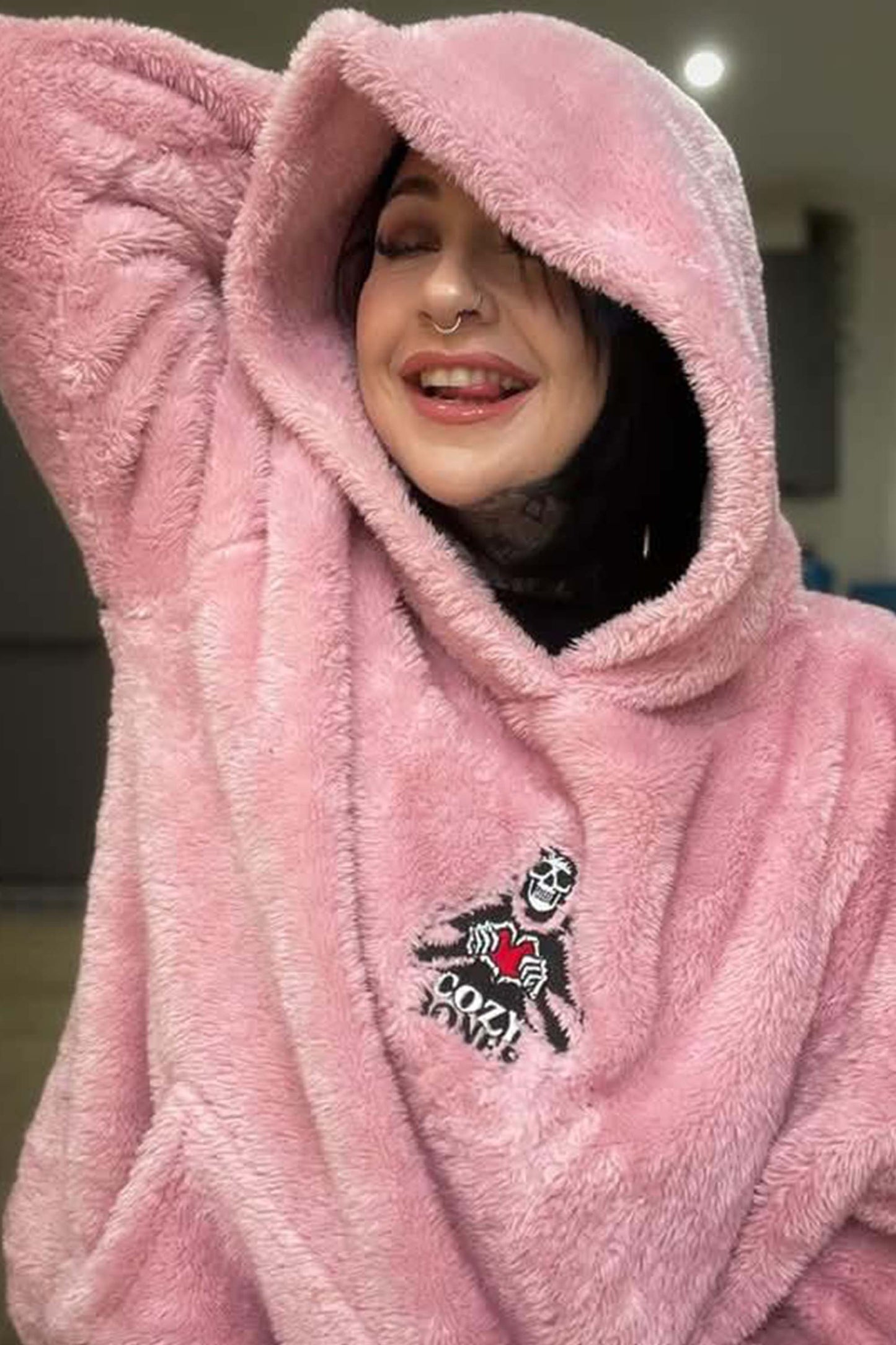 Cozy Bones Unisex Blush Pink Fluffy Fleece Hoodie