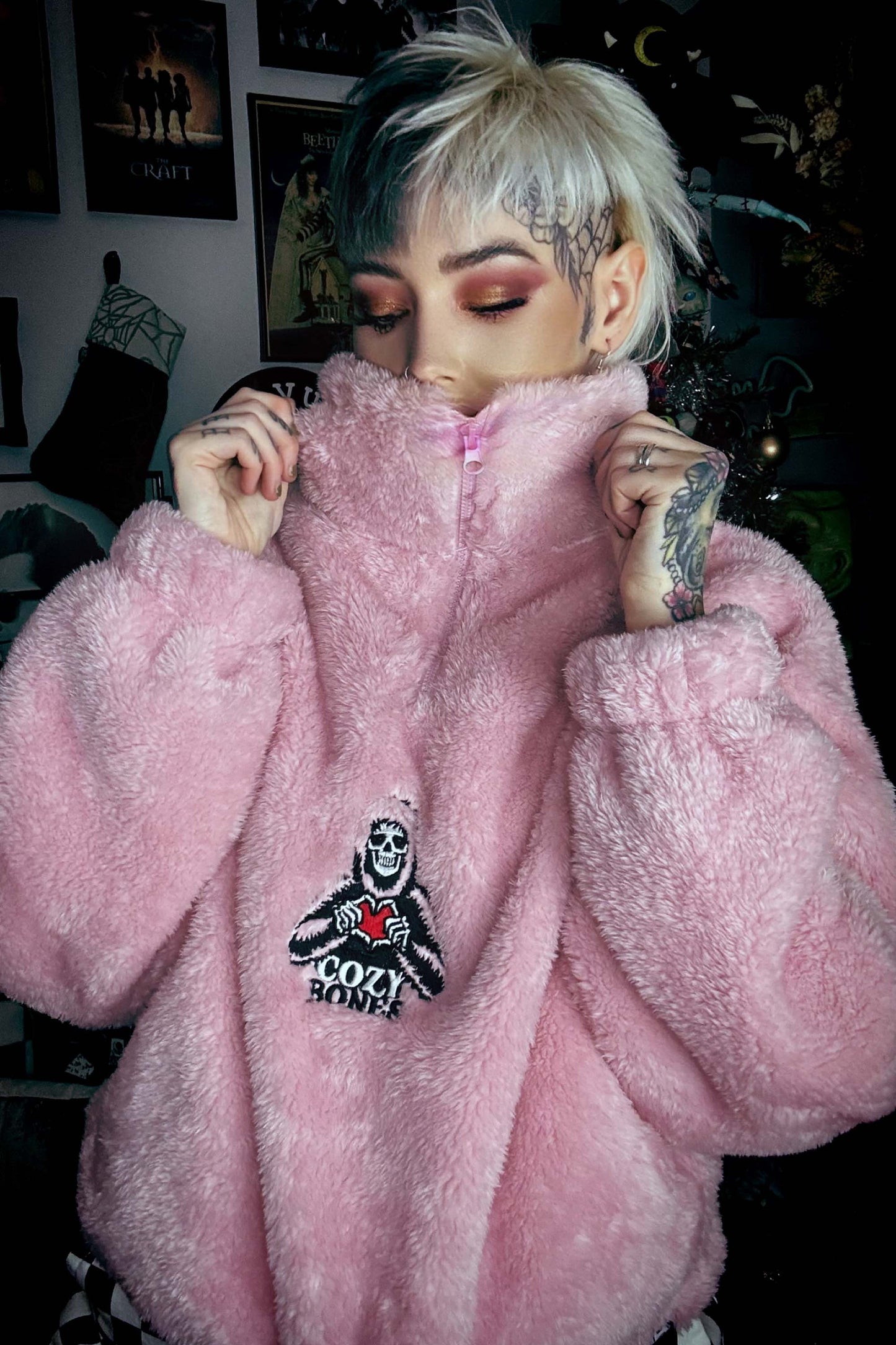 Cozy Bones Unisex Blush Pink Fluffy Quarter Zip Fleece