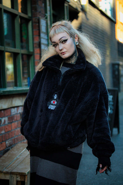 Cozy Bones Unisex Black Fluffy Quarter Zip Fleece