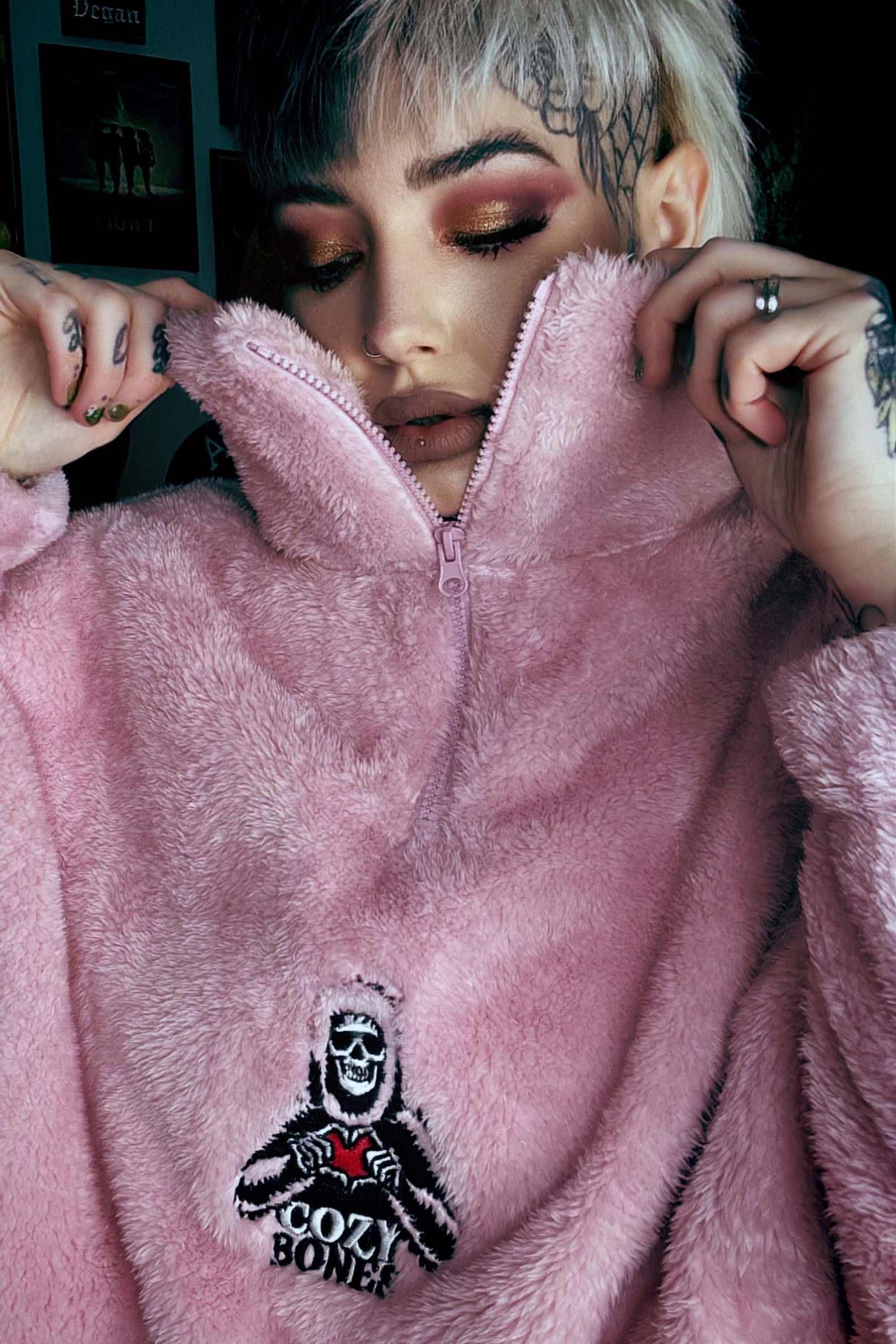 Cozy Bones Unisex Blush Pink Fluffy Quarter Zip Fleece S 32/34